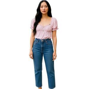 Urban Outfitters Lilac Puff Sleeve Crop Top Sz L Ruffle Trim Cottagecore Floral